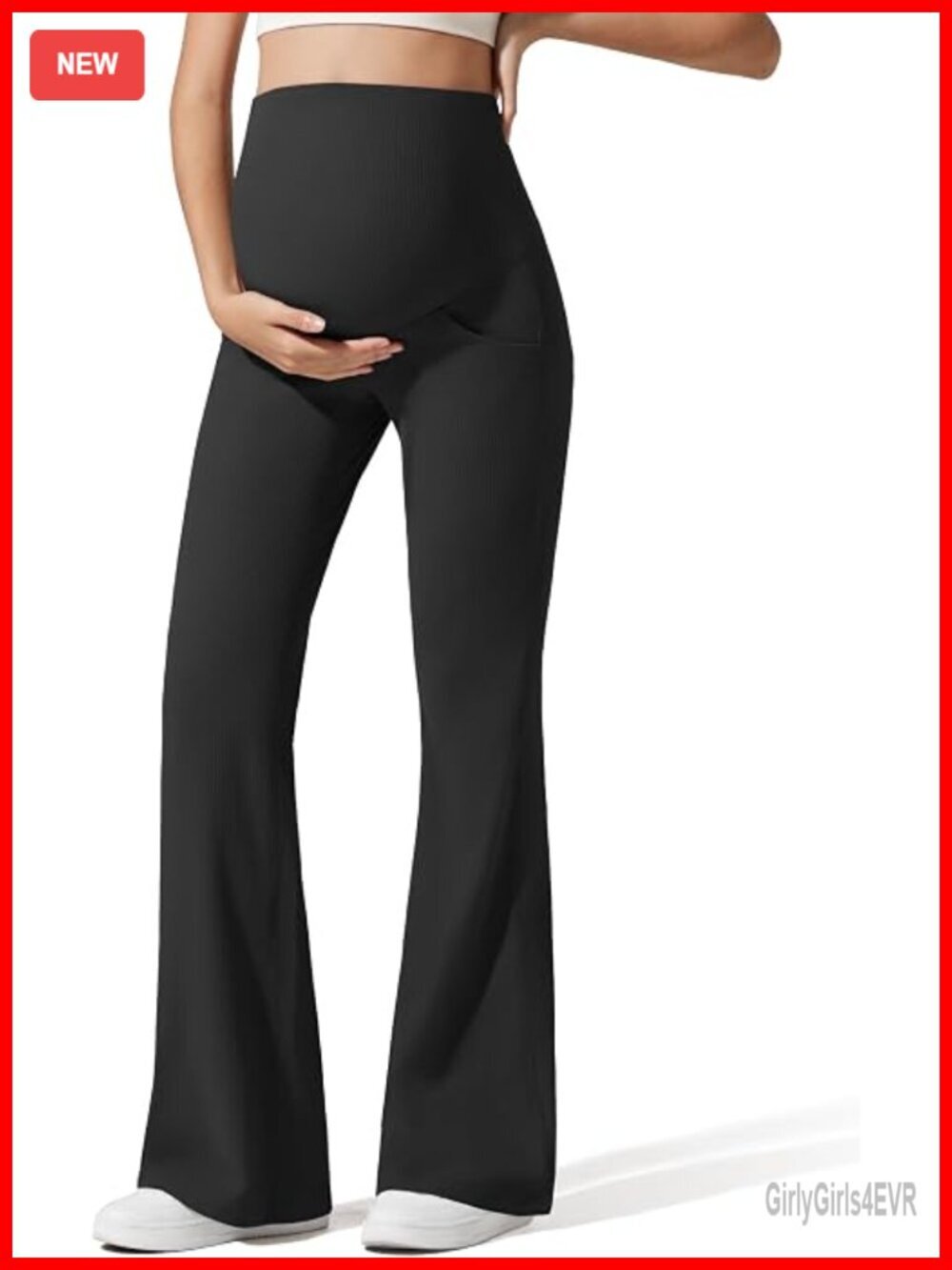 Ribbed Maternity Flare Yoga Pants with Pockets Over The Belly Bell Bottom